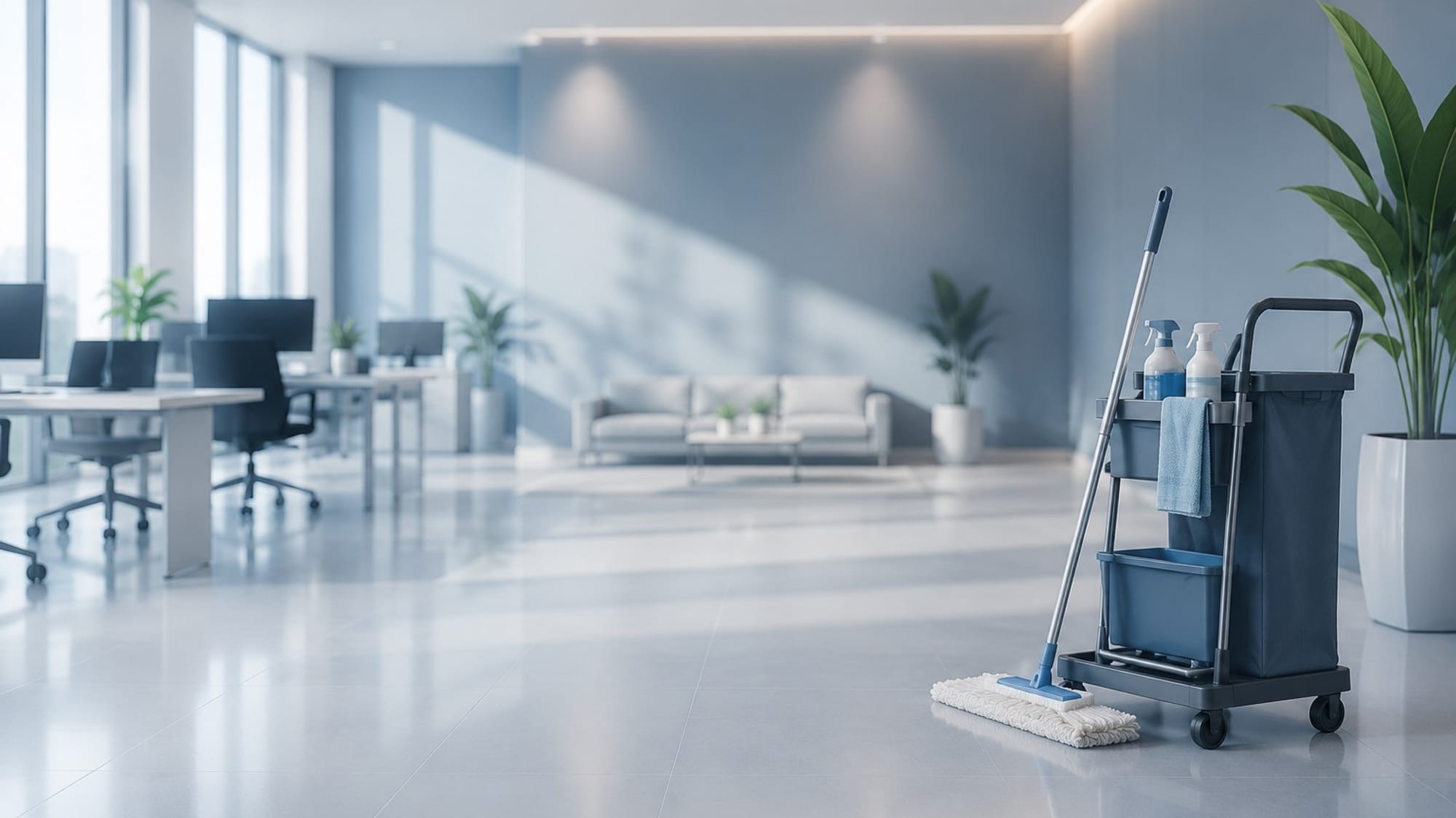 Chariot de nettoyage équipé, prêt à l'emploi dans des bureaux clairs