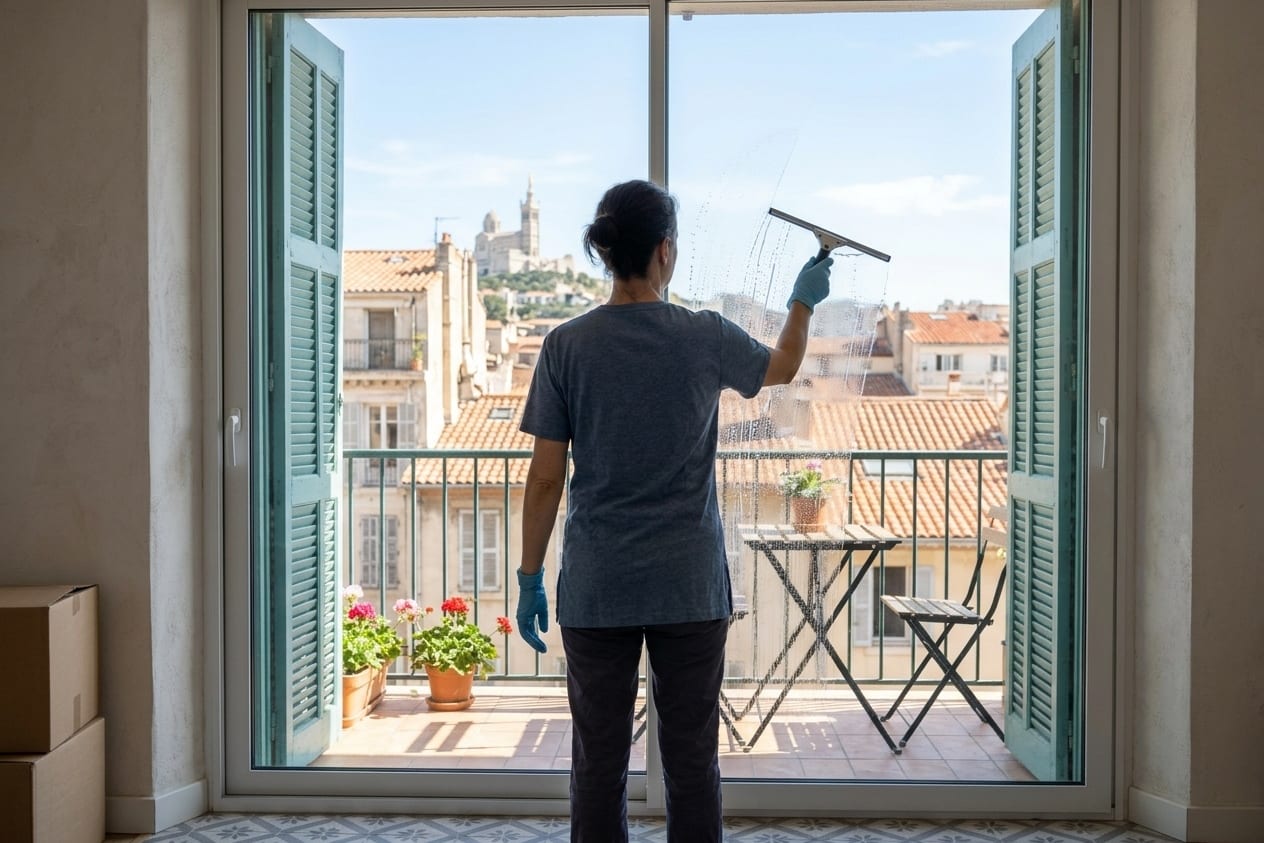 Une femme, de dos, passe la raclette sur une baie vitrée ouverte sur un balcon et les toits de Marseille